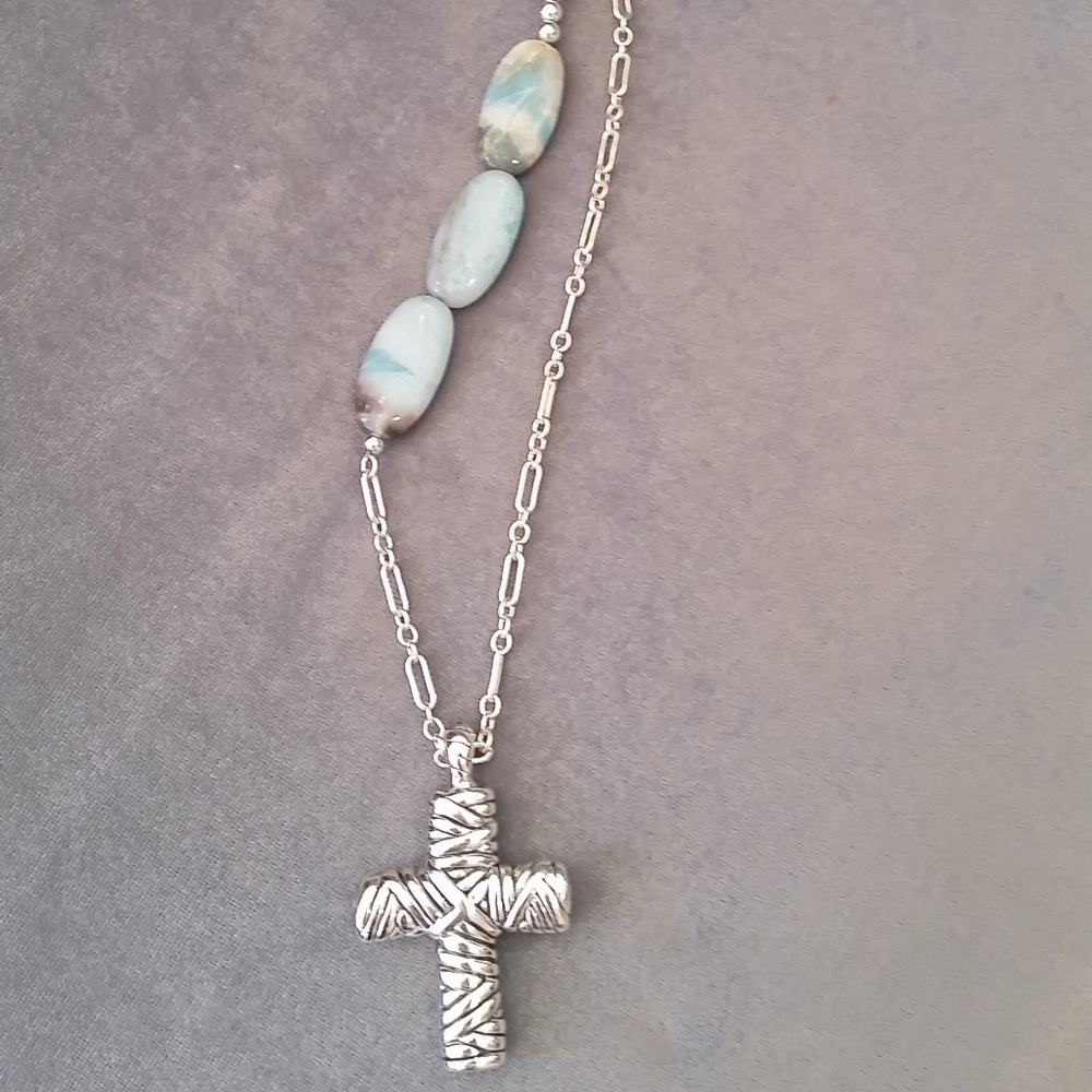 Christian Cross Necklace with Amazonite and Silver